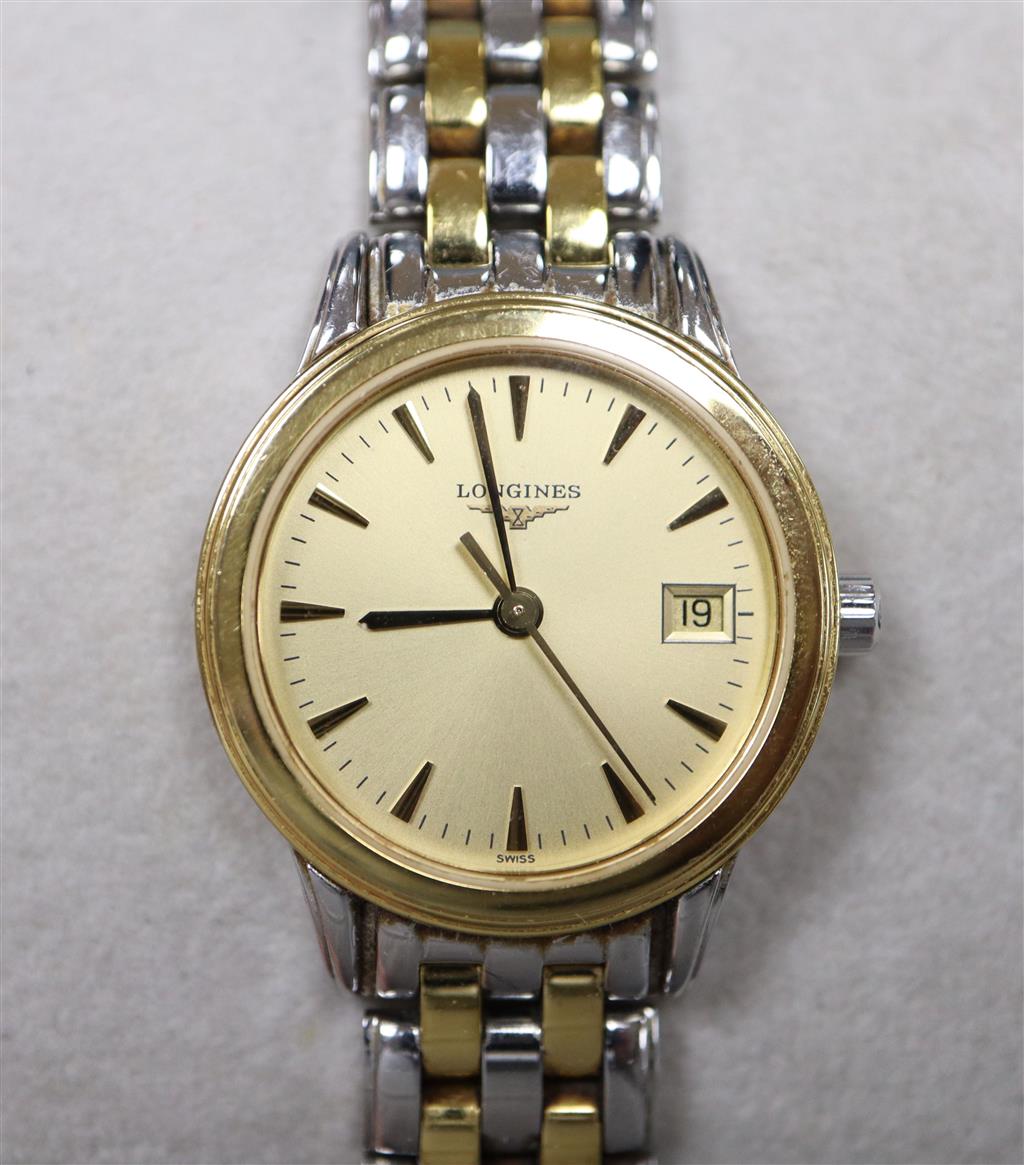 A ladys 2006 stainless steel and yellow metal Longines quartz wrist watch with date aperture, box and booklet,